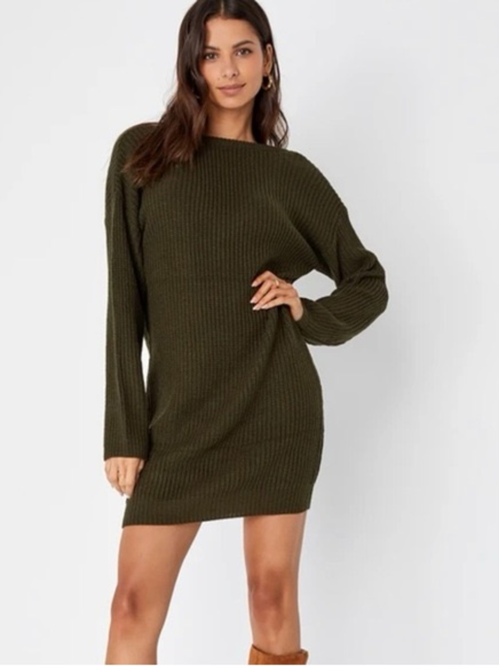 Lulus “Bringing Sexy Back" Olive Green Backless Sweater Dress